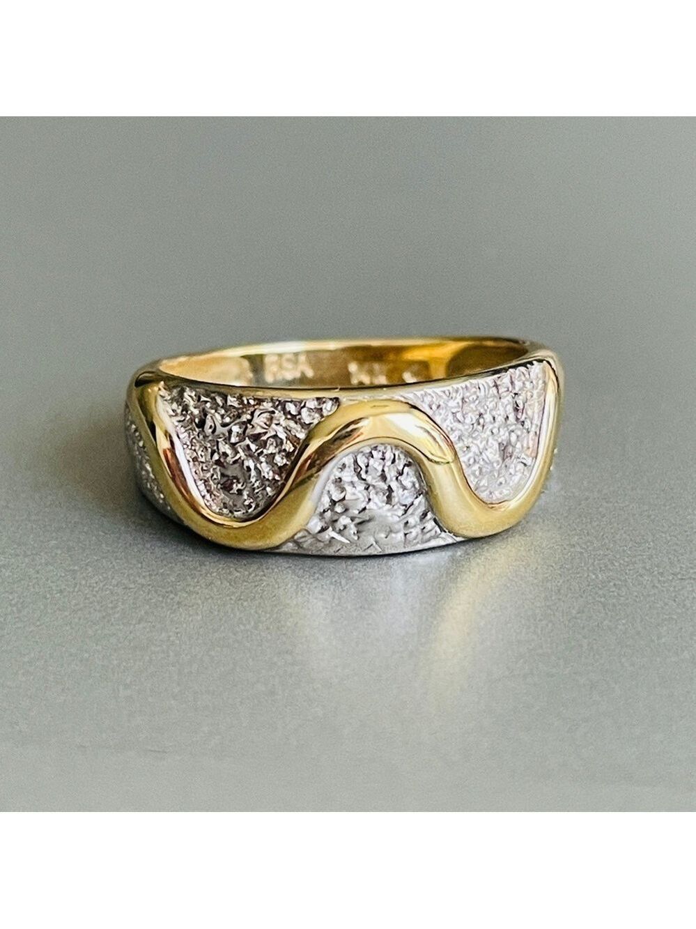 14k Yellow & White Gold Wave Style Textured Two Tone Ring RSA Designer
